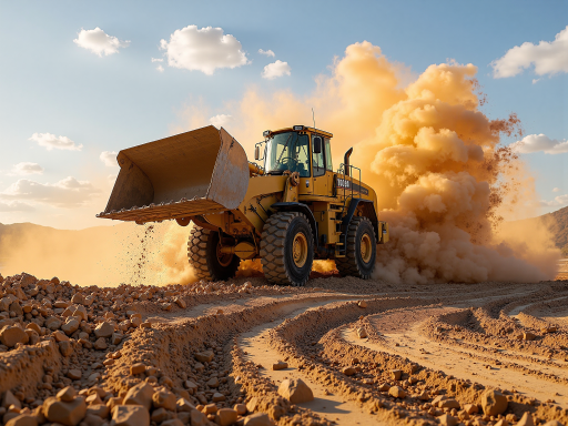 Large front end loader with yellow paint, bucket attachment, four wheel drive, industrial setting